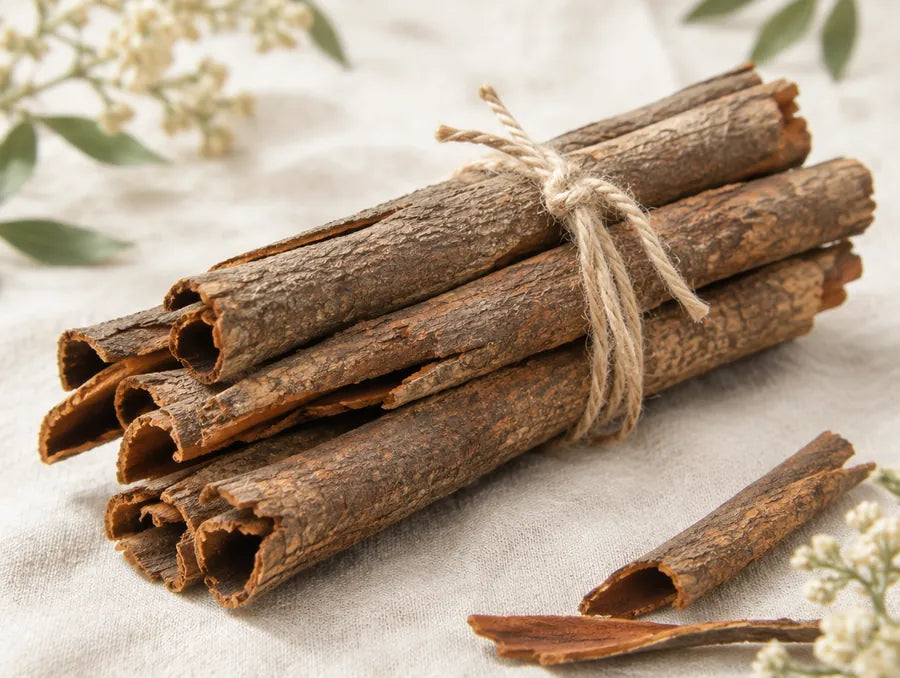 Rolled cassia cinnamon bark tied in a bundle