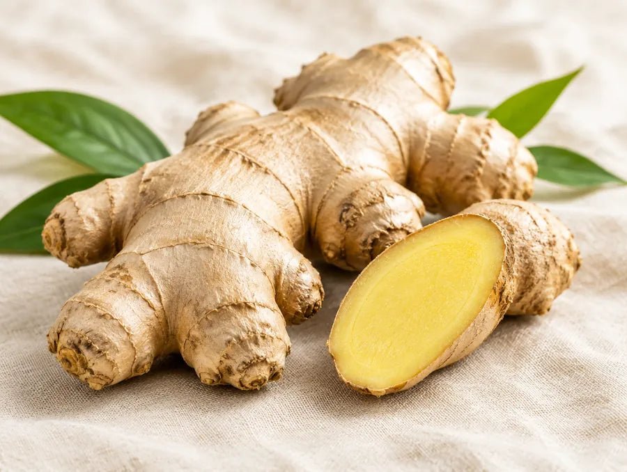 Fresh ginger root with a cut face