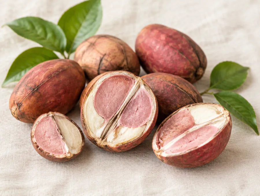 Whole and halved kola nuts with pink centers