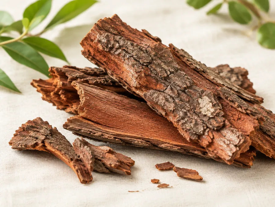Strips of reddish-brown yohimbe tree bark
