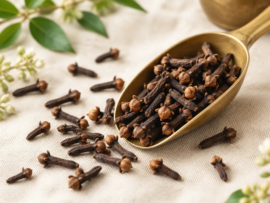 Dried whole cloves in a brass scoop