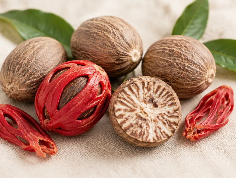Whole nutmeg seeds with bright red mace