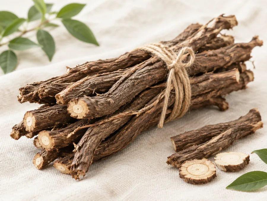 Bundle of dried sarsaparilla root tied with twine