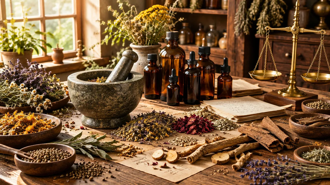 Herbalist's workbench with a stone mortar and pestle, amber glass bottles, brass scale and bowls of dried herbs and roots